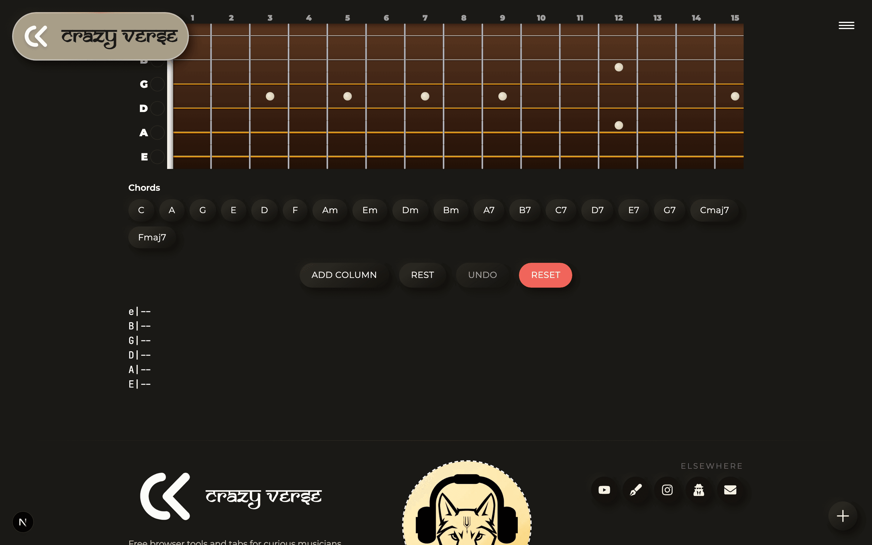 The Tabs Generator with the fretboard, the chord palette, and the Add Column, Rest, Undo and Reset controls