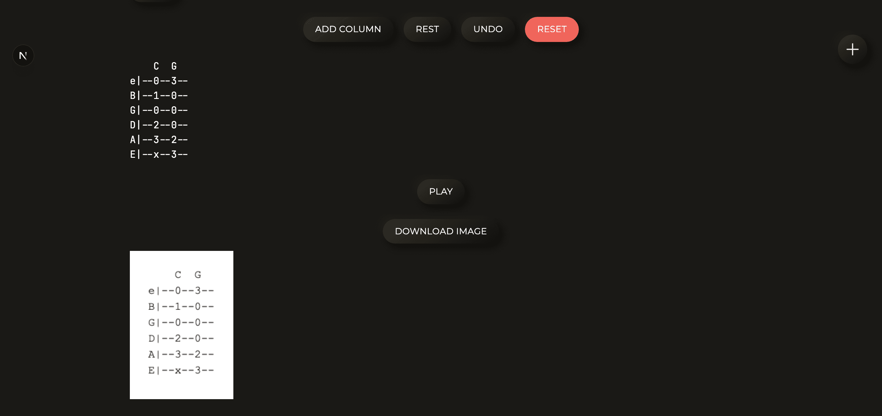 A short tab built in the generator showing C and G chords, with Play and Download Image buttons
