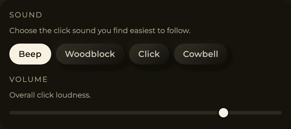 The sound picker with Beep, Woodblock, Click and Cowbell, plus the volume slider