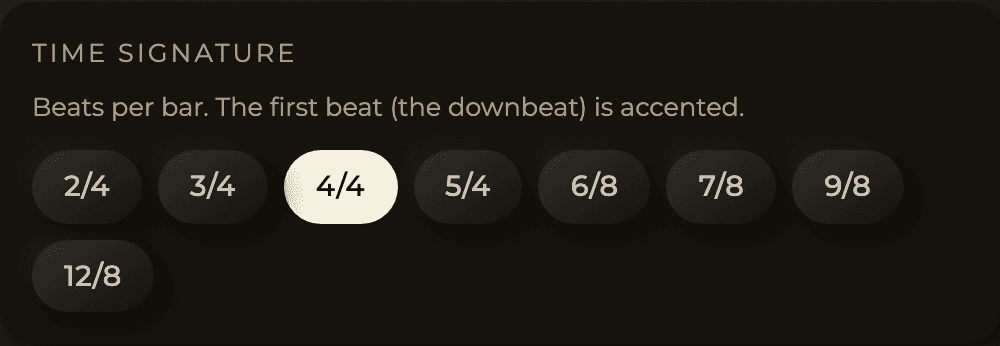 The time signature selector with 2/4, 3/4, 4/4, 5/4, 6/8, 7/8, 9/8 and 12/8 options