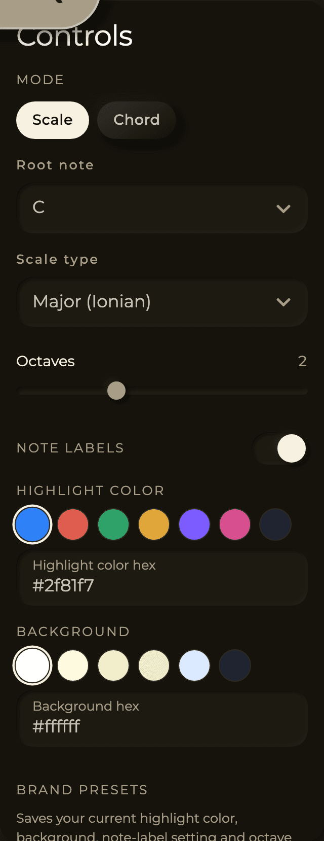The Controls panel: mode, root note, scale type, octaves, note labels, and colour pickers